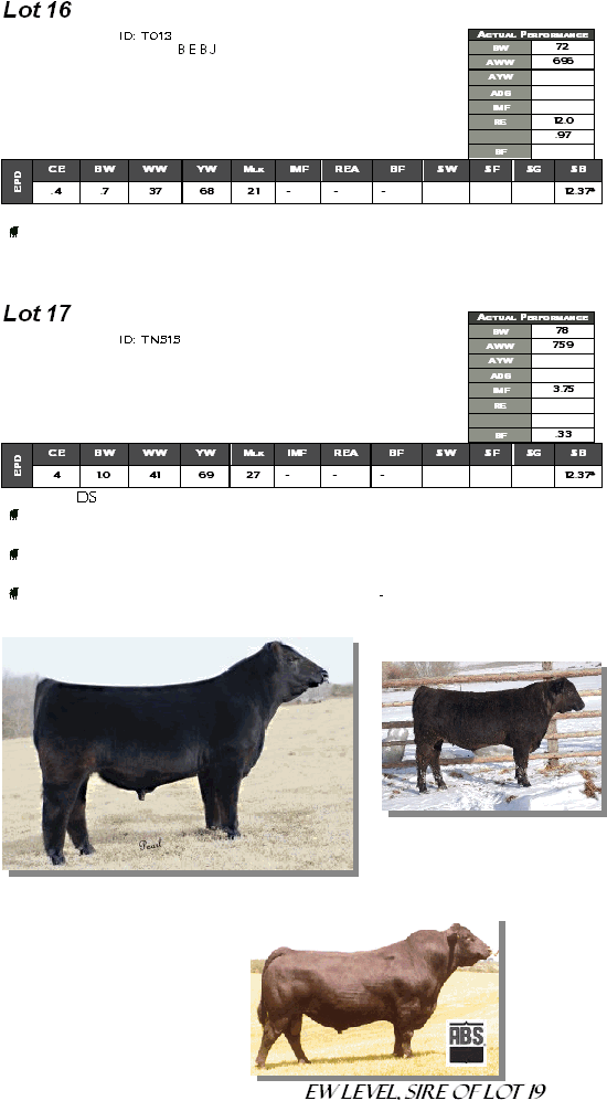 Lot 16    ID: T013    B E B J              CE BW WW YW Mlk IMF REA BF $W $F $G $B EPD .4 .7 37 68 21 - - -    12.37*     Lot 17    ID: TN515                  CE BW WW YW Mlk IMF REA BF $W $F $G $B EPD 4 1.0 41 69 27 - - -    12.37* Ds        -                         Actual Performance BW 72 AWW 696 AYW  ADG  IMF  RE 12.0  .97 BF  Actual Performance BW 78 AWW 759 AYW  ADG  IMF 3.75 RE    BF .33   ew Level, Sire of Lot 19 