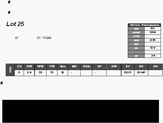     Lot 25   3/ ID: T028                  CE BW WW YW Mlk IMF REA BF $W $F $G $B EPD 5 2.4 35 75 18 -  -  15.21* 13.04*                                        Actual Performance BW 80 AWW 664 AYW  ADG 4.78 IMF  RE 13.5   BF .24    