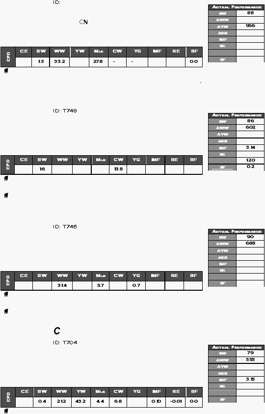     ID:          CN         CE BW WW YW Mlk CW YG IMF RE BF EPD  1.3 33.2  27.8 - -   0.0  .     ID: T748                  CE BW WW YW Mlk CW YG IMF RE BF EPD  1.6    13.8             ID: T746                  CE BW WW YW Mlk CW YG IMF RE BF EPD   31.4  5.7  0.7         C   ID: T704                  CE BW WW YW Mlk CW YG IMF RE BF EPD  0.4 21.2 43.2 4.4 6.8  0.10 -0.01 0.0        Actual Performance BW 88 AWW  AYW 966 ADG  IMF  RE    BF  Actual Performance BW 86 AWW 602 AYW  ADG  IMF 3.14 RE   1.20 BF 0.2 Actual Performance BW 90 AWW 688 AYW  ADG  IMF  RE    BF  Actual Performance BW 79 AWW 555 AYW  ADG  IMF 3.15 RE    BF  