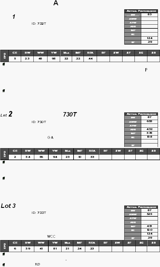 A 1    ID: 732T                  CE BW WW YW Mlk IMF REA BF $W $F $G $B EPD 5 2.3 48 95 22 .22 .44        p      Lot 2 730T   ID: 730T            G A       CE BW WW YW Mlk IMF REA BF $W $F $G $B EPD 2 3.4 56 94 23 .10 .53          Lot 3    ID: 733T                 WCC CE BW WW YW Mlk IMF REA BF $W $F $G $B EPD 6 3.9 41 81 21 .24 .23       -  rd Actual Performance BW 83 AWW  AYW  ADG  IMF  RE   1.24 BF .29 Actual Performance BW 87 AWW 655 AYW  ADG 4.32 IMF 3.78 RE 13.8   BF  Actual Performance BW 87 AWW 525 AYW  ADG  IMF 4.13 RE 12.0  1.24 BF .29 