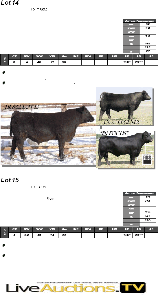 Lot 14    ID: TR615                  CE BW WW YW Mlk IMF REA BF $W $F $G $B EPD 8 .4 40 77 30     19.17* 29.11*     .  -                Lot 15    ID: T005         Rive         CE BW WW YW Mlk IMF REA BF $W $F $G $B EPD 4 2.2 43 74 22     19.17* 29.11*         Actual Performance BW 82 AWW 712 AYW  ADG 4.13 IMF  RE 14.8  1.25 BF .27 Actual Performance BW 84 AWW 743 AYW  ADG  IMF 7.14 RE 14.3  1.26 BF  TR832, Lot 12 OCC Legend, Sire of Lots 11 & 12 In Focus, Sire of Lot 8 